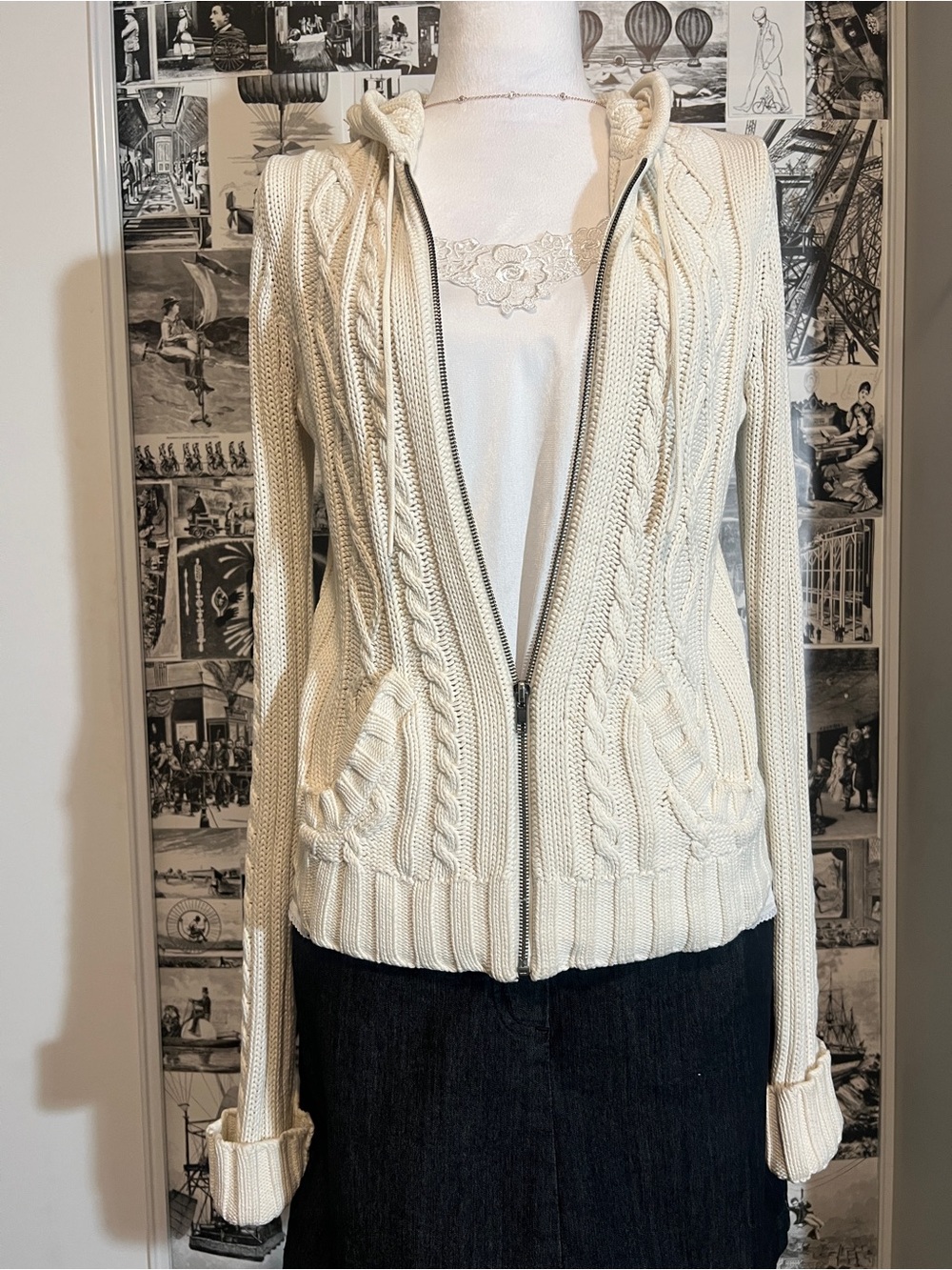 Vintage Sub Fashion 100% Cotton Chunky Cable Knit Hooded Cardigan M Y2K